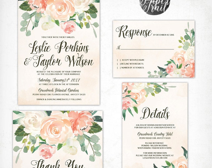 Printable Wedding Invitation Vintage Style in Peaches and Cream, Floral Rustic Watercolor Invitation, Wedding Invitation Suite