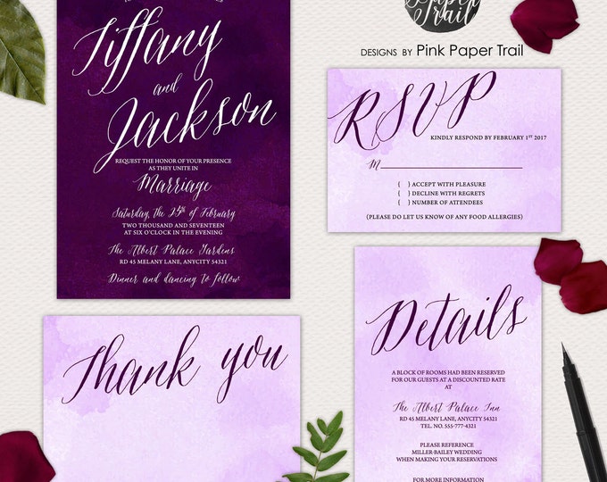Plum Wedding Invitation Suite, Deep Purple, Calligraphy Style Invitation, I will Customize, Print Your Own
