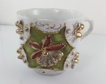 Antique Shaving Mug, Victorian Porcelain Cup, Raised Applied Flowers, Gold Guilt, Hand Painted, Textured Shaving Cup, Made in Germany