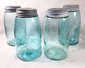 Four Ball Mason Blue Slope Shoulder Canning Jars Zinc Lids Antique Wedding Decor Vases