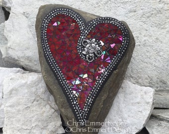Iridescent Red Heart Mosaic Rock, Gardener Gift, Home Decor, Mosaic Garden Stone
