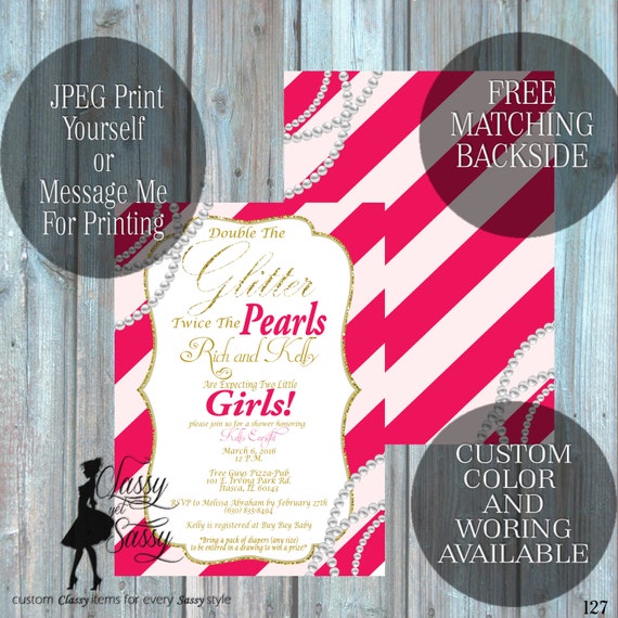 Twin Girls Baby Shower Invitation, Double the Glitter Double the Pearls Glitter Baby Shower 127