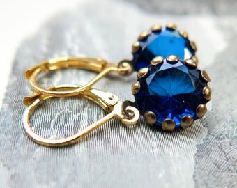 Royal Blue Rhinestone Dangle Gold French Clip Earrings - 5 Colors