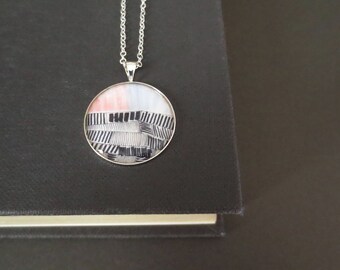 Medallion - Geometric Pastel Landscape Print; Handmade Silver-Plated Original Geo Pendant Necklace (Collier Sautoir en Argent) by InfinEight