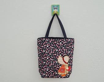 Quilted Bag, Sue Cotton Applique Bag, School Handbags, Patchwork Bag, Shopping bag, Tote Bag Black Color