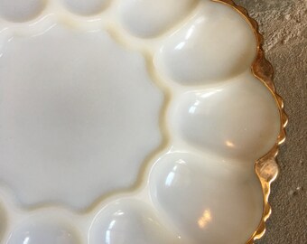 Vintage Deviled Egg Server Anchor Hocking Golden Anniversary Milk Glass Plate - #D2124