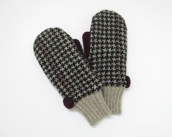 Wool Mittens Fleece Lined Taupe and Black Houndstooth Check Felted Wool Sweater Mittens