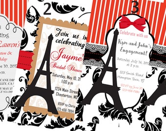 Paris Theme Invitations, Black, Red, White Paris Invitations, Graduation Invitations,Bridal Shower Invitations,Wedding Invitations,Set of 24