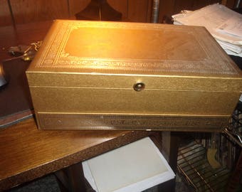 vintage jewelry box gold satin velvet lined automatic open drawer mele