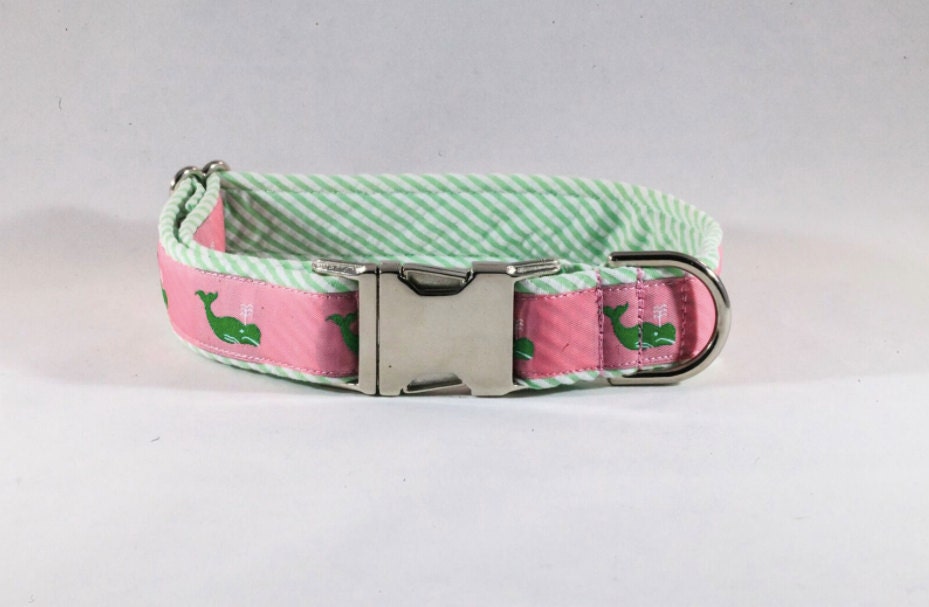 Seersucker Pink and Green Nantucket Whale Dog Collar