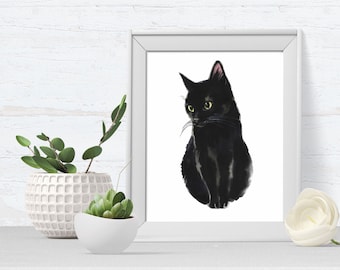 Cat Portrait, Cat Art Print, pet portrait, black cat, cat art print, kitten, A4 or A5, ideal for cat lovers