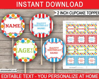 Printable Carnival Cupcake Toppers - Carnival Theme - 2 inch - Carnival Party Decorations - Circus - INSTANT DOWNLOAD with EDITABLE text