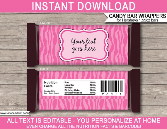 Pink Zebra Candy Bar Wrappers - Birthday Party Favors - Chocolate Labels - INSTANT DOWNLOAD with EDITABLE text - you personalize at home Il_570xn