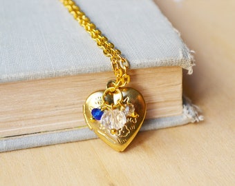Gold Heart Locket with Blue Beads Necklace