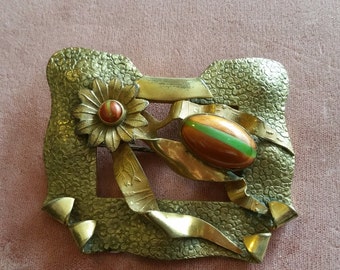Vintage Brass Czech Glass Huge Sash Pin