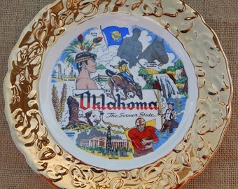 Oklahoma State Souvenir Plate ~ Mid Century Collectors Plate ~ 22K Gold 9" Plate by Crown O Gold Made in USA