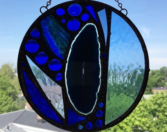 Stained Glass Art|Round Suncatcher|Agate|Blue|Cobalt|Round Suncatcher with Glass Gems|Abstract|Modern|Round|OOAK|Handcrafted|Made in USA