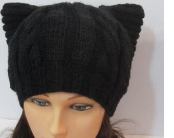 Black Cat Hat Pussyhat Knitted Cat Ears Hat Pussycat Hat Black Cats Beanie Kitty Hat Black Kitty Beanie Cat Ears Hat Beanie, Knit Pussyhat