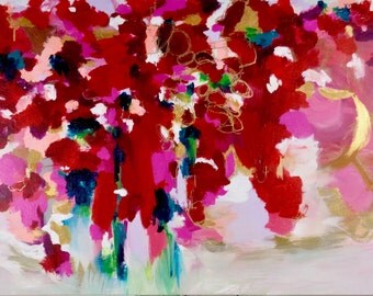 Abstract Art Original Painting Home Decor 24 X 48 Susan Skelley Free Domestic Shipping Huge Long Magenta Pink Emerald Green "WEEZIE MOMENT"