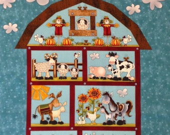 Farmer barnyard animal cotton panel, Old McAnderson, teal blue green, beige, scarecrow, horse, sheep cow, tractor, 3 coordinating fabrics