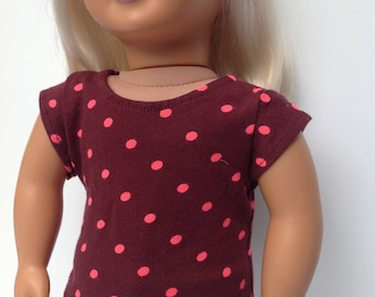 Doll tshirt, 18 inch doll clothes, polka dot top, trendy tee, 18 inch tshirt, maroon shirt