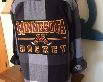 Upcycled Flannel Shirt, Black and White Flannel Shirt, Panel Cut From Recycled Sweatshirt, Minnesota Hockey Flannel Shirt