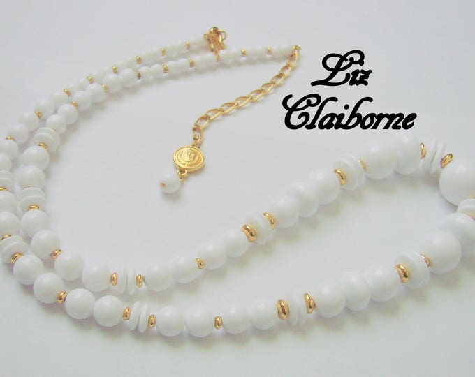 Vintage Liz Claiborne White Lucite Bead Necklace / Goldtone / Designer Signed / Graduated Beads / Jewelry / Jewellery