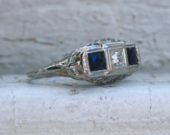 Fabulous Vintage 18K White Gold Diamond and Sapphire Three Stone Engagement Ring - 0.80ct.