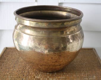 brass planter, brass pot, hammered brass planter, Chinoiserie planter, Hollywood Regency