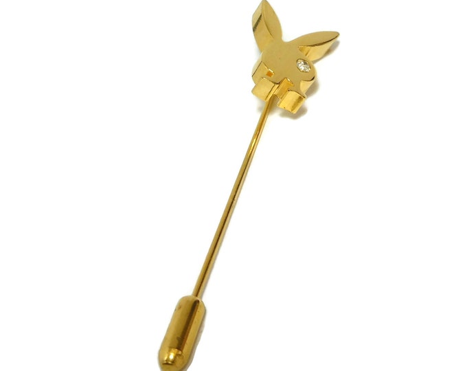 FREE SHIPPING Playboy stickpin, playboy bunny tie tack, stick pin, finely detailed, hat pin, rhinestone eye, gold tone