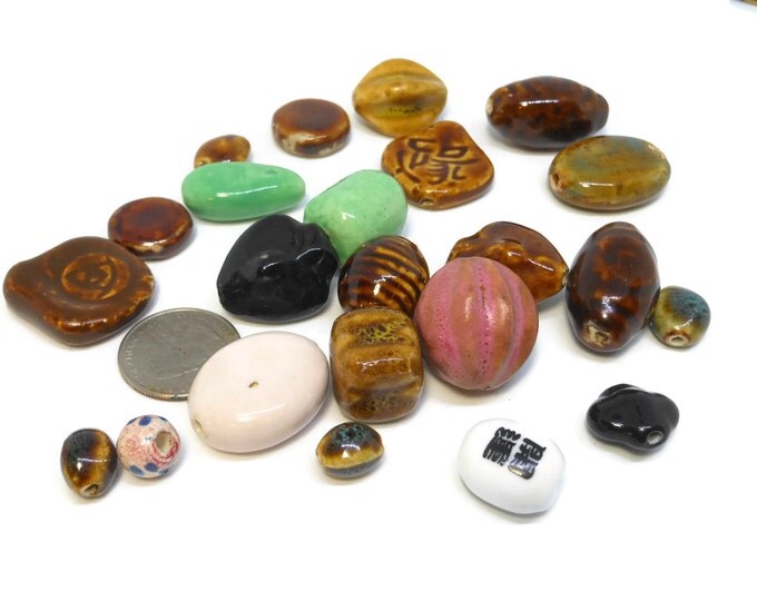 Ceramic bead lot, colorful collection of 23 beads, ranging in size from 8cm to 32cm X 5cm