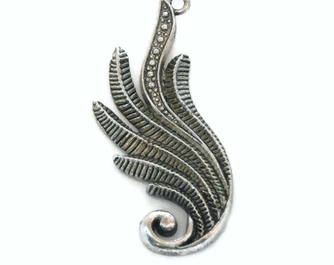 Wing pendant, large wing focal, feather leaf fern, Blue Moon Beads®, antiqued silver-finished, 55x30mm wing