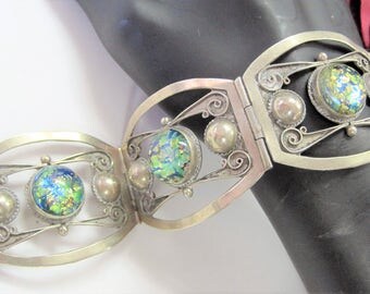 Sterling Taxco Bracelet - Mexico Fire Opal - Vintage Link Bracelet - Modernist Design - Taxco Statement