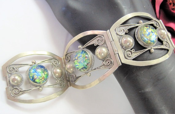 Sterling Taxco Bracelet - Mexico Fire Opal - Vintage Link Bracelet - Modernist Design - Taxco Statement