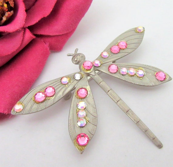 Dragonfly Brooch - Pink Clear Rhinestones - Figural Pin