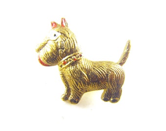 Vintage Dog Pin Stamped Brass Hollow Ware Terrier Funny Cold Painted Details Super Cute