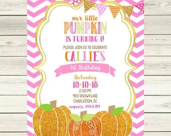 12 Pumpkin Birthday Party invitations -girls- glitter pumpkin our little pumpkin is turning one - any age