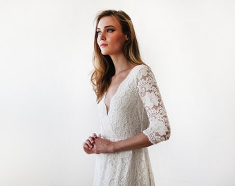 Ivory long sleeves lace wedding gown, Lace bridal gown, Ivory lace wedding empire dress 1124