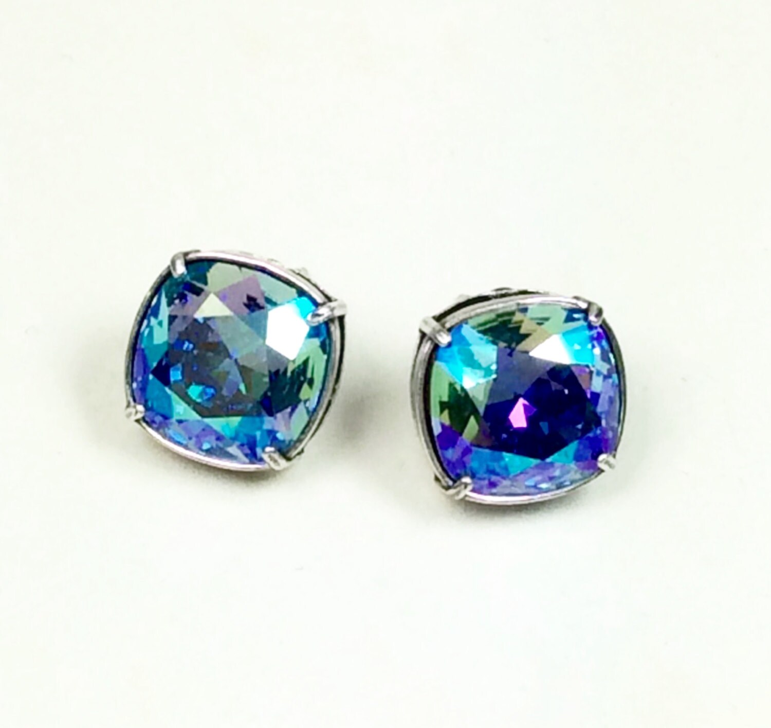 Swarovski Crystal 12MM Cushion Cut Stud Earrings - Gorgeous  Earrings - Aquamarine AB or Your Favorite Color and Finish - FREE SHIPPING