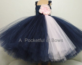 Navy Flower Girl Dress, Navy and Pink Tulle Dress, Navy Tulle Dress, Girls Formal Dress