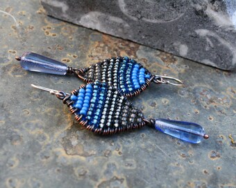 Woven Copper Earrings, Seed Bead Earrings, Oxidized Copper, Small Earrings, Lightweight Earrings, Blue Grey, Boho Earrings