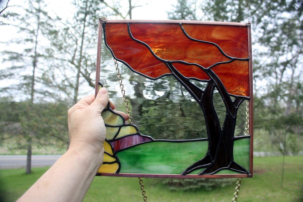 Fall Tree Landscape Stained Glass Panel Fall Colors Stained 5704