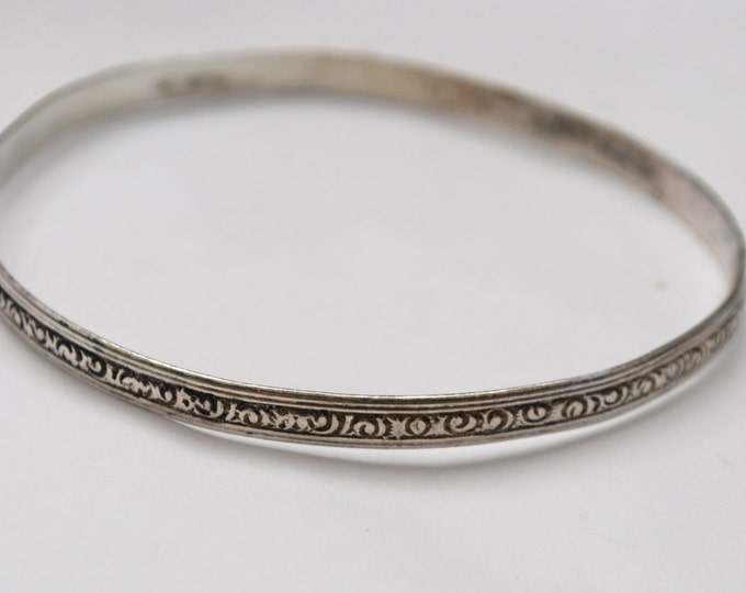 sterling silver Bangle - Etched scroll design - Large bracelet - signed Sterling