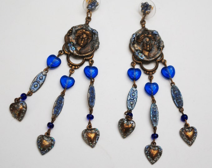 Boho Dangle earrings - Blue glass -Cameo women profile - chandelier - Victorian Revival