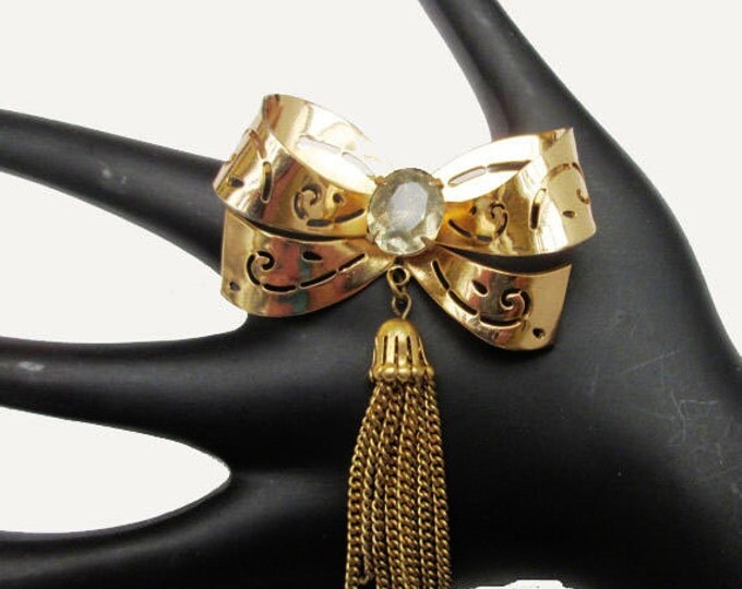 Gold Bow Brooch - Signed Coro - Rhinestone - Golden tassel