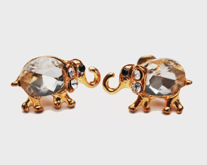 Elephant Stud Earrings - Clear crystal Rhinestone - Gold figurine pierced earrings