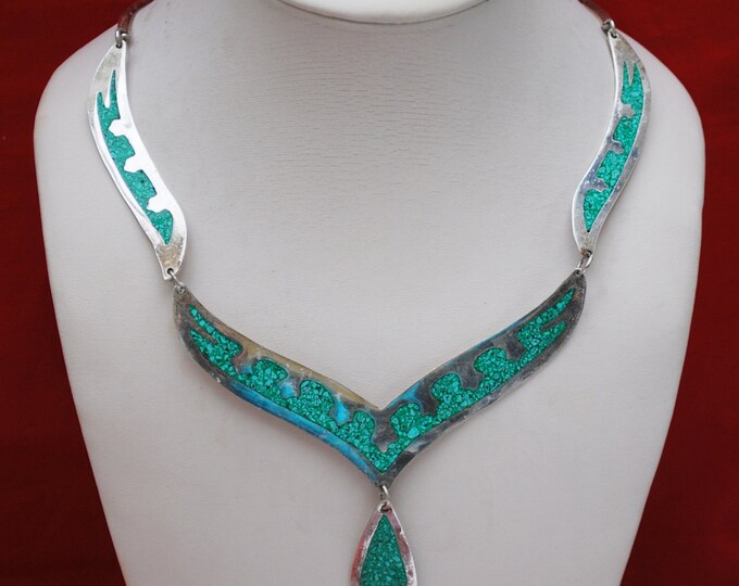 Turquoise inlay Necklace - Blue Green Gemstone Inlay -signed mexico - Silver - collar necklace - boho style