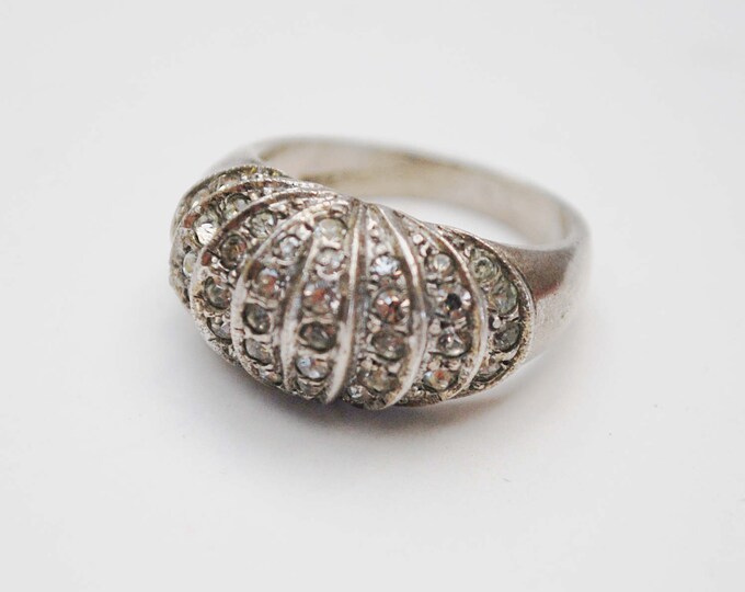 Sterling Rhinestone BAnd Ring -Wide silver crystal - size 5 1/2 - Art Deco