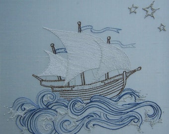 Hand Embroidery pattern pirate ship. Embroidery instructions & pattern. ship sea design.
