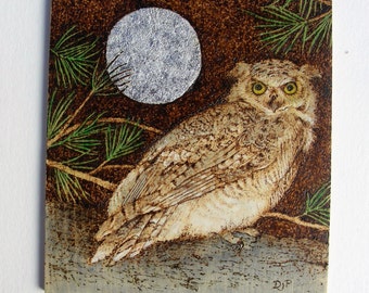 Pyrography - Woodburning - Owl and the Full Moon